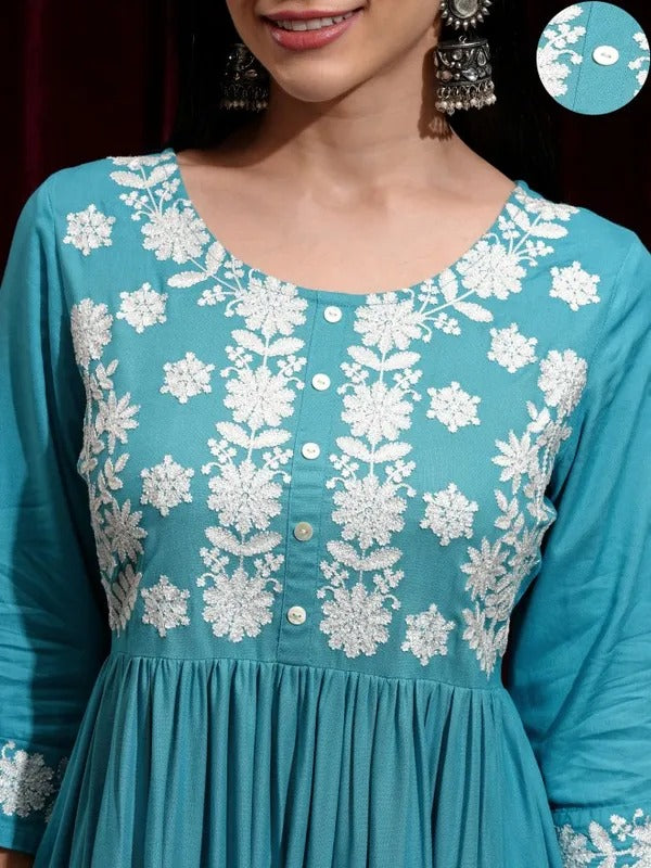 Aqua Lucknowi Printed Fit and Flare Dress