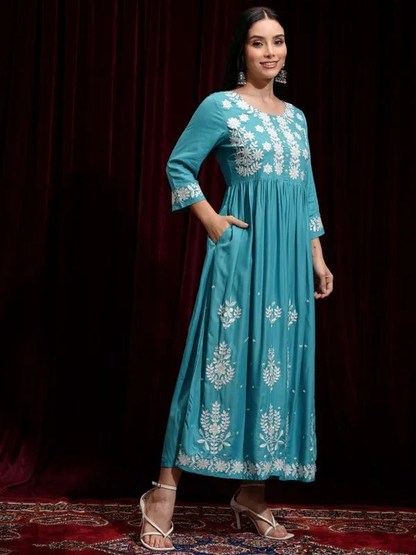 Aqua Lucknowi Printed Fit and Flare Dress