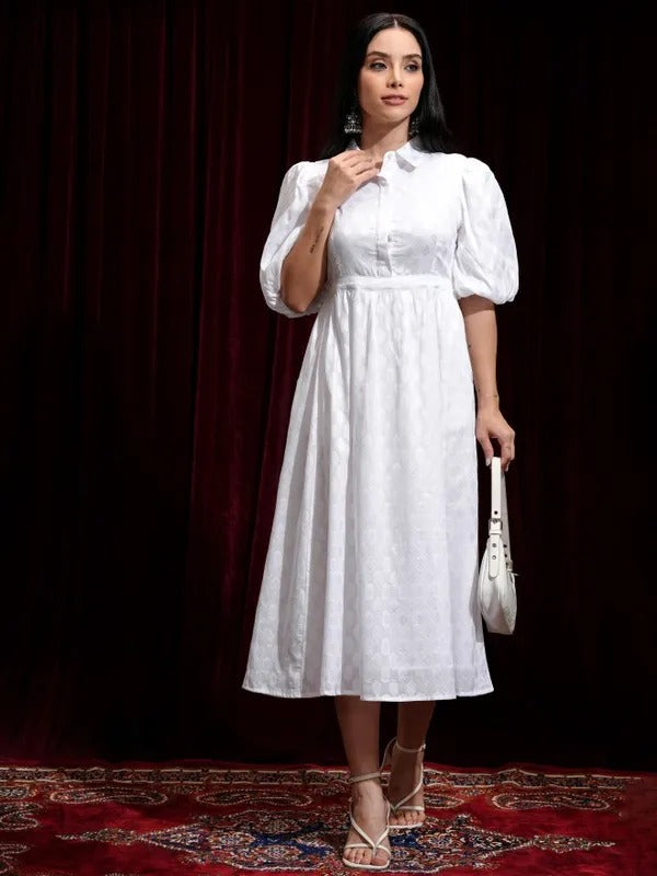 White Printed Fit and Flare Dress
