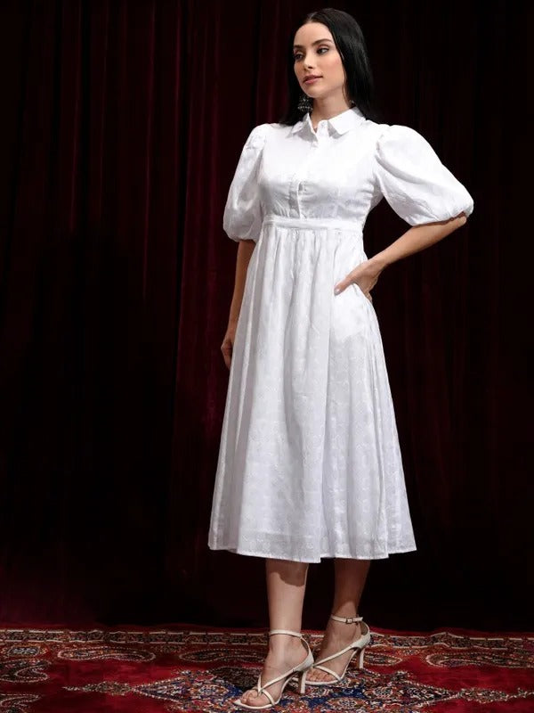 White Printed Fit and Flare Dress