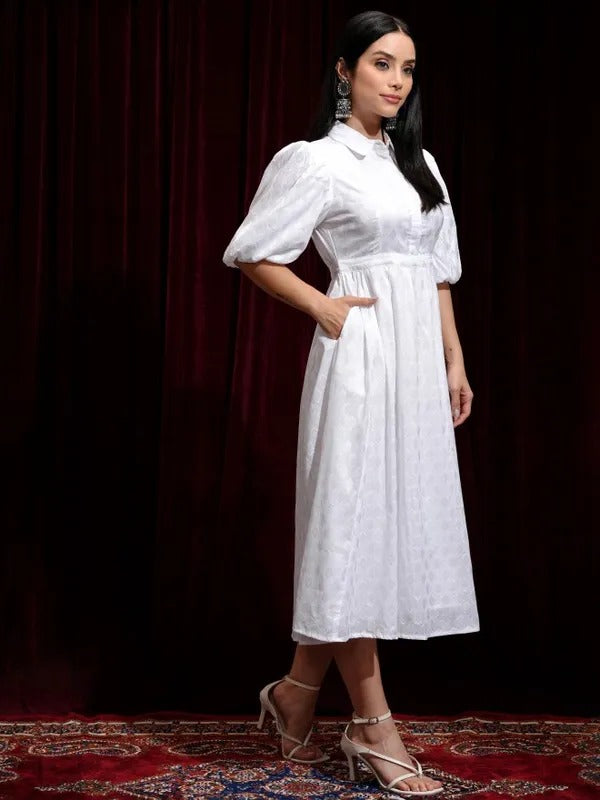White Printed Fit and Flare Dress