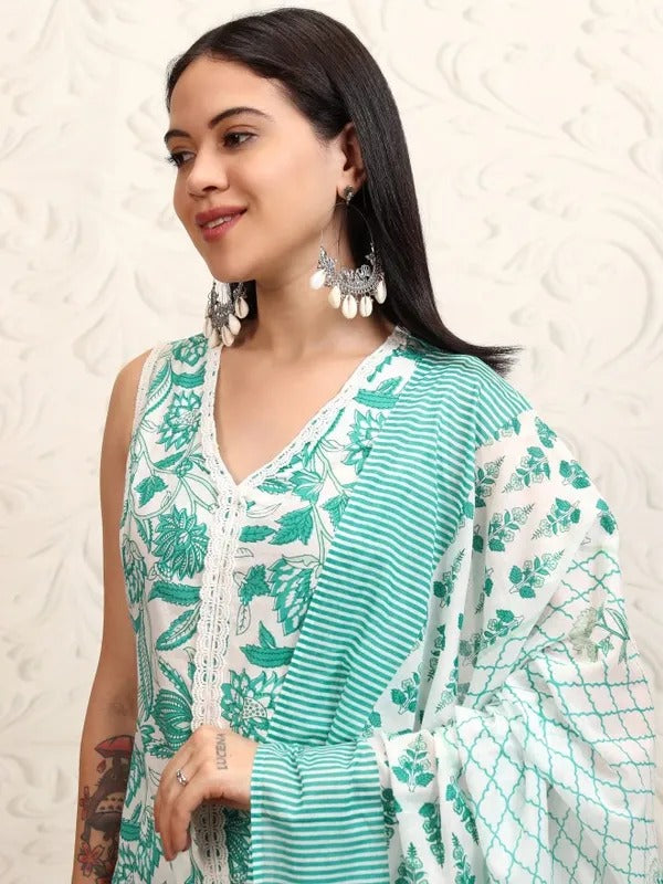 White/Turq Embroidered Kurta With Trousers