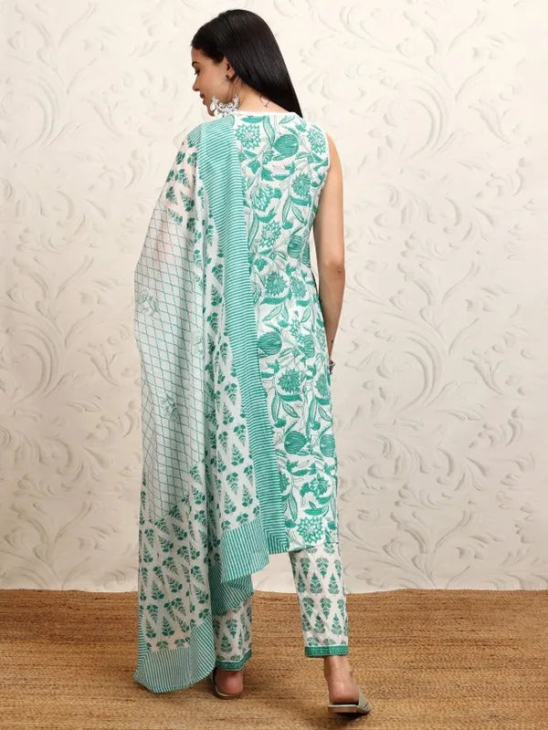 White/Turq Embroidered Kurta With Trousers