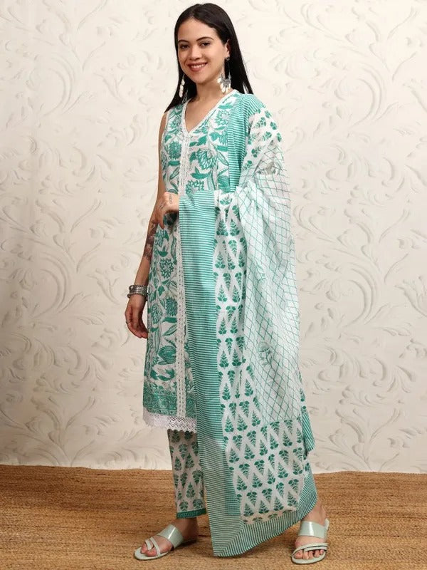 White/Turq Embroidered Kurta With Trousers