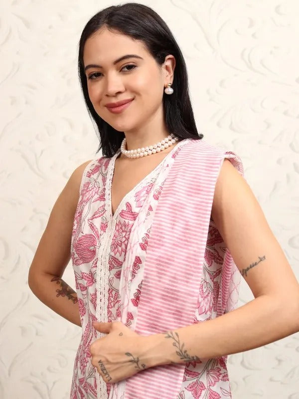 White Printed Kurta With Trousers