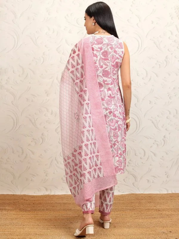 White Printed Kurta With Trousers