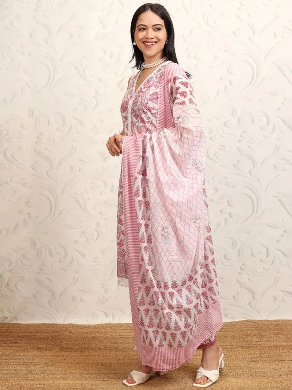White Printed Kurta With Trousers