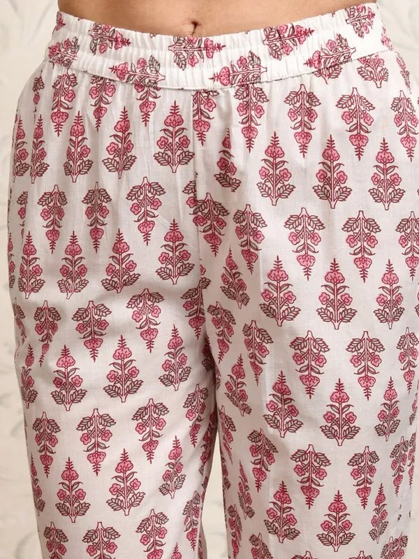 White Printed Kurta With Trousers