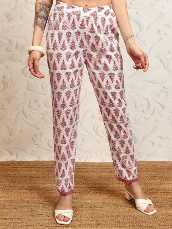 White Printed Kurta With Trousers