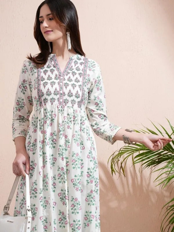 Women Cream Printed Kurta With Trousers