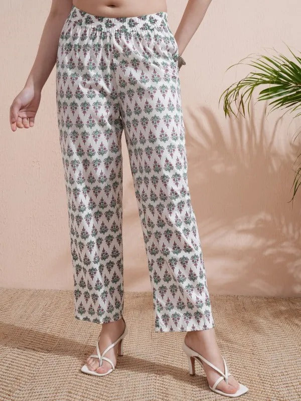 Women Cream Printed Kurta With Trousers