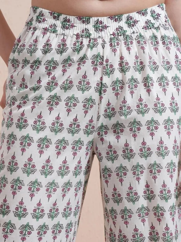 Women Cream Printed Kurta With Trousers