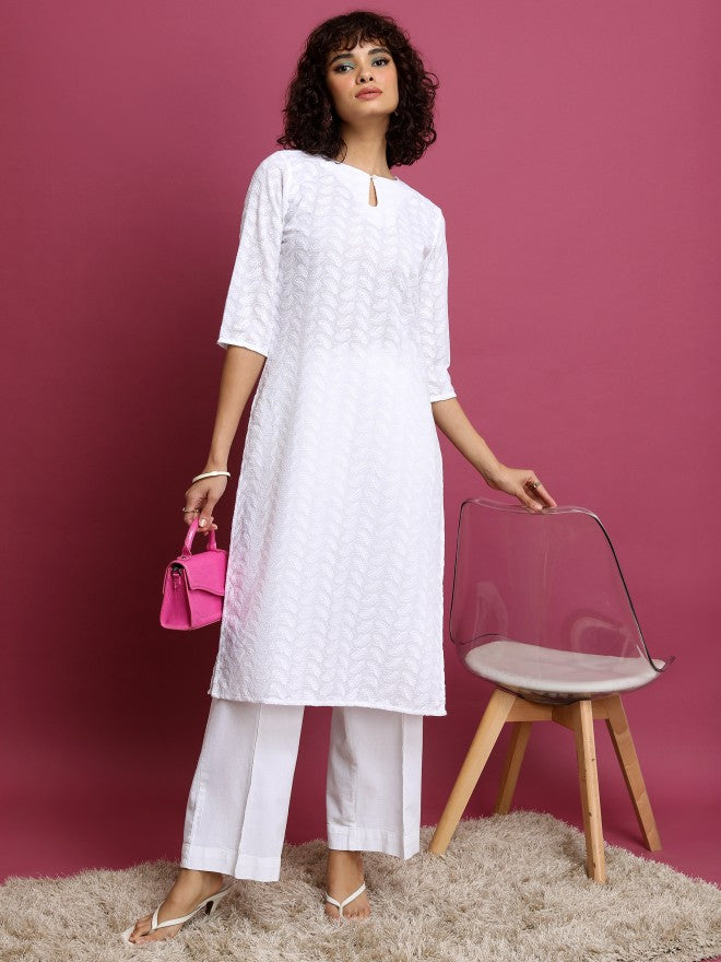 Women White Woven Design Straight Kurta
