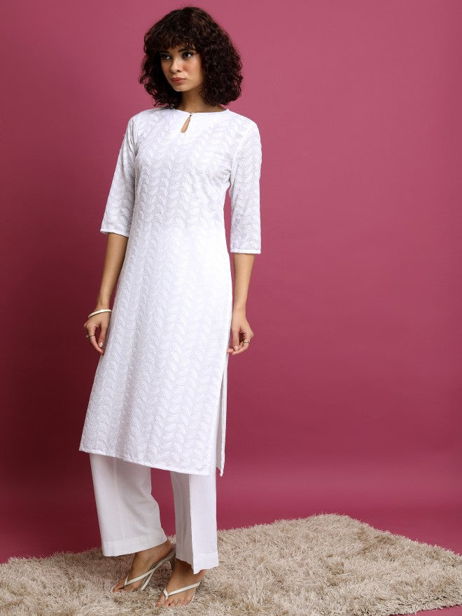 Women White Woven Design Straight Kurta