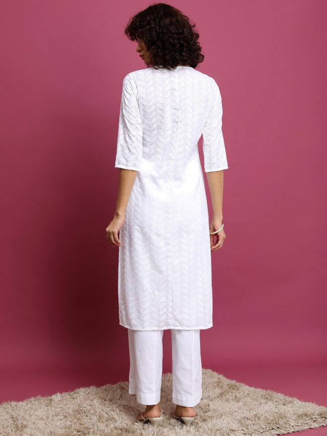 Women White Woven Design Straight Kurta