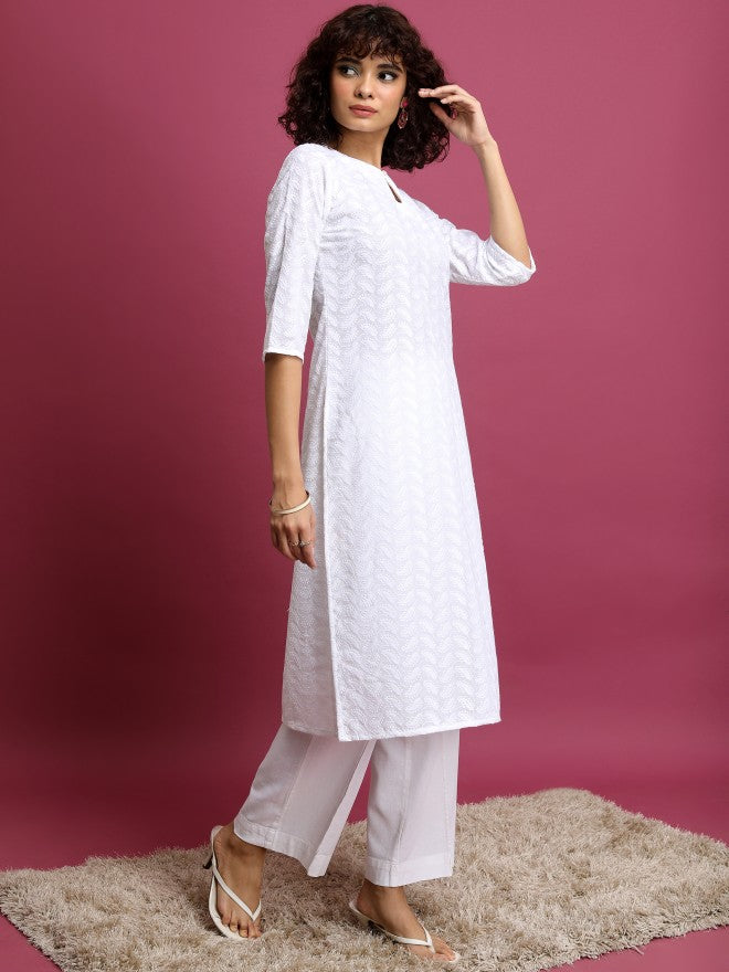 Women White Woven Design Straight Kurta