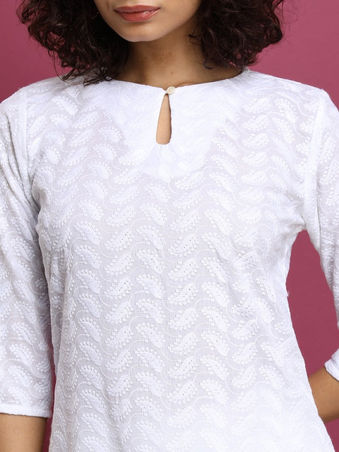 Women White Woven Design Straight Kurta