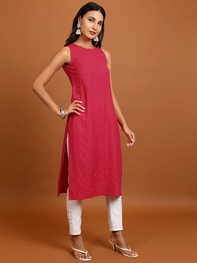 Women Red Woven Design Straight Kurta