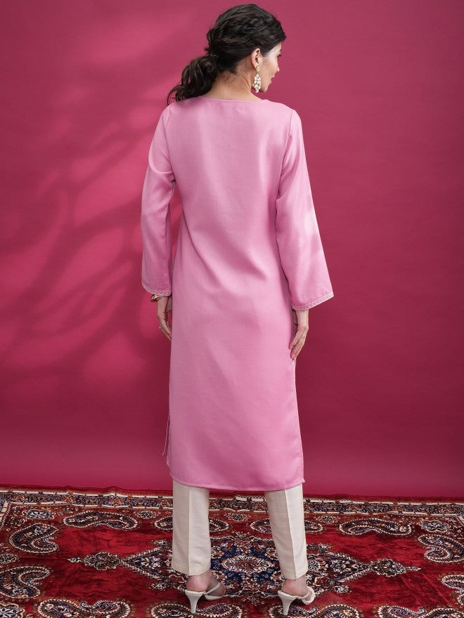 Women Pink Woven Design Straight Kurta