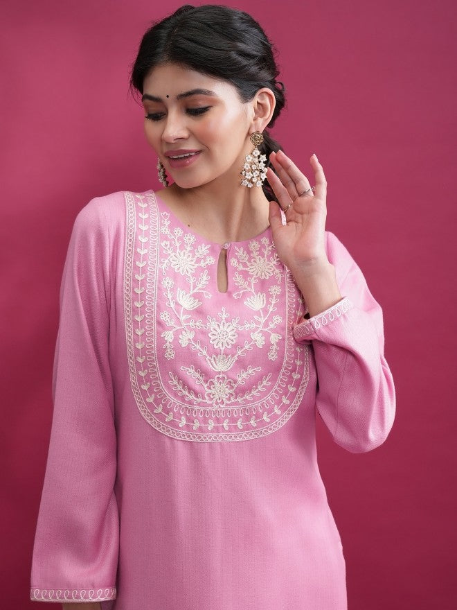 Women Pink Woven Design Straight Kurta