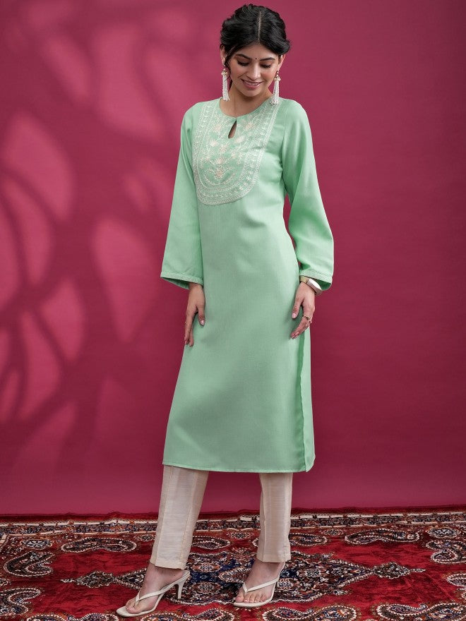 Women Green Embroidered Straight Kurta