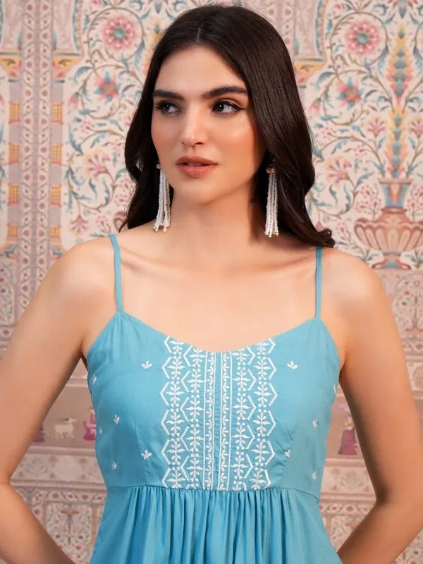 Aqua Teal Embroidered A-Line Kurta