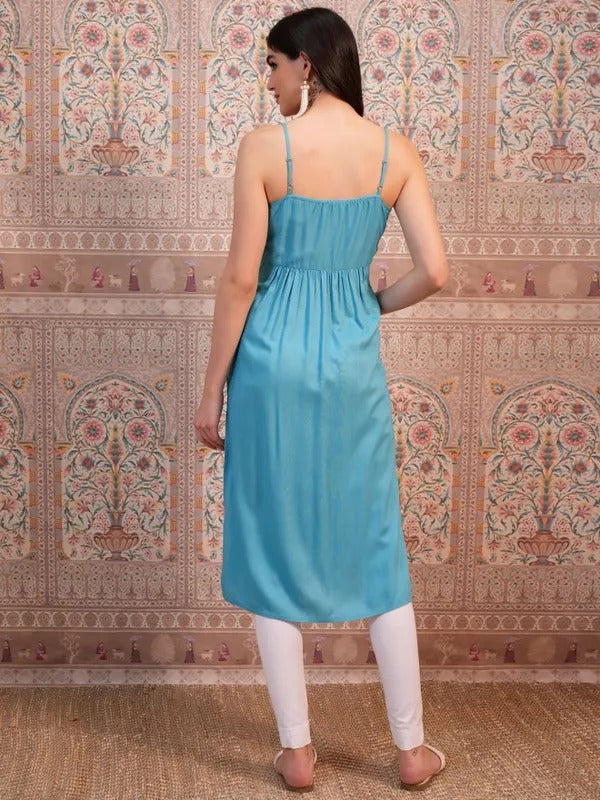 Aqua Teal Embroidered A-Line Kurta