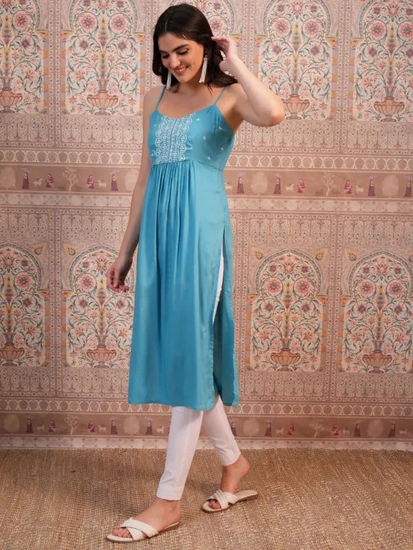 Aqua Teal Embroidered A-Line Kurta