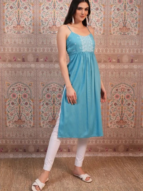 Aqua Teal Embroidered A-Line Kurta