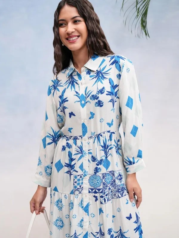 Long sleeve blue floral knee length dress