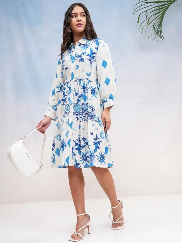 Long sleeve blue floral knee length dress