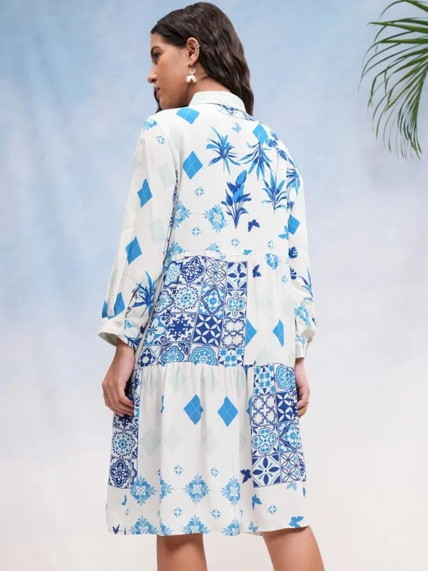 Long sleeve blue floral knee length dress