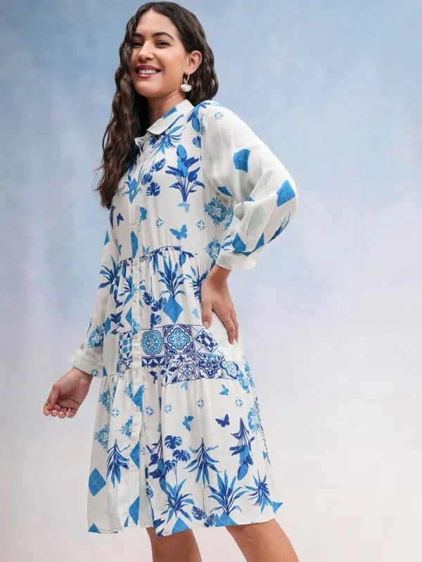 Long sleeve blue floral knee length dress