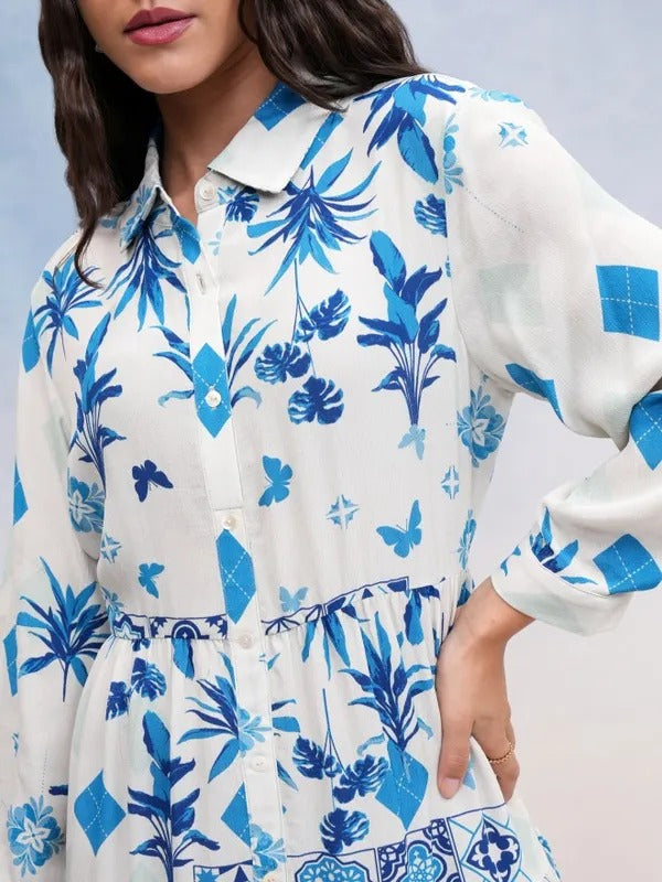 Long sleeve blue floral knee length dress