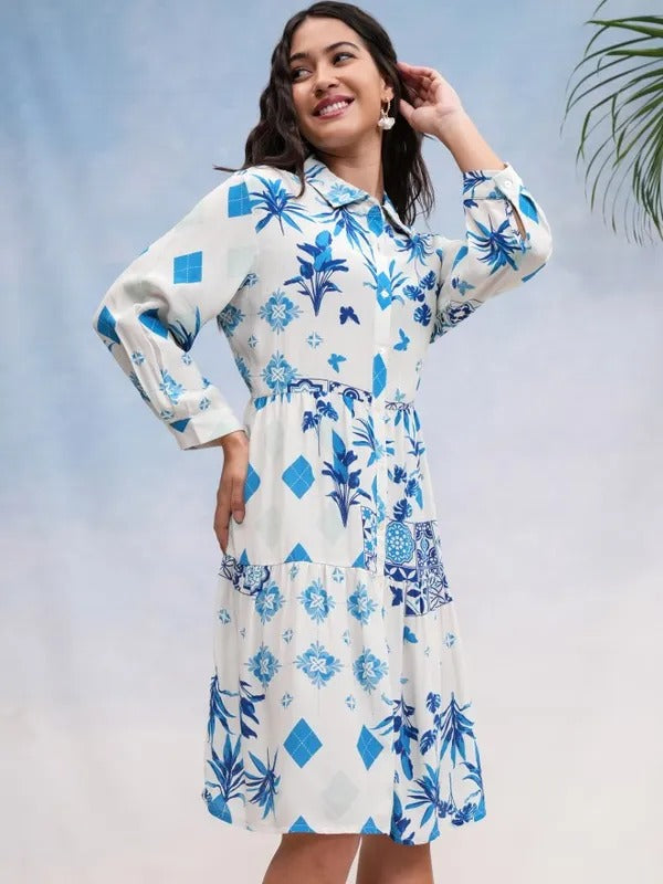 White/Navy Blue Printed Tunic with Pants Co-ords