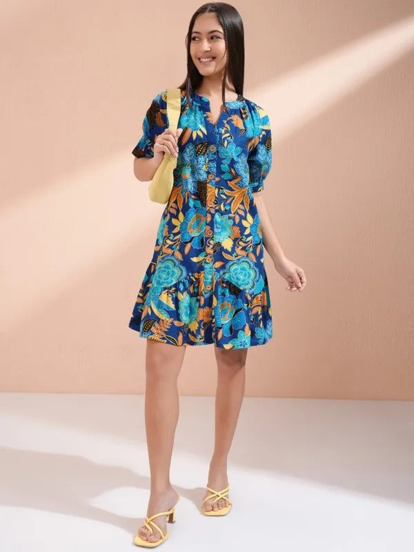Navy Blue/Blue Printed Tunic with Pants Co-ords