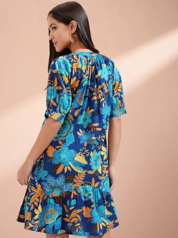 Navy Blue/Blue Printed Tunic with Pants Co-ords