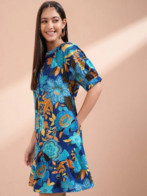 Navy Blue/Blue Printed Tunic with Pants Co-ords