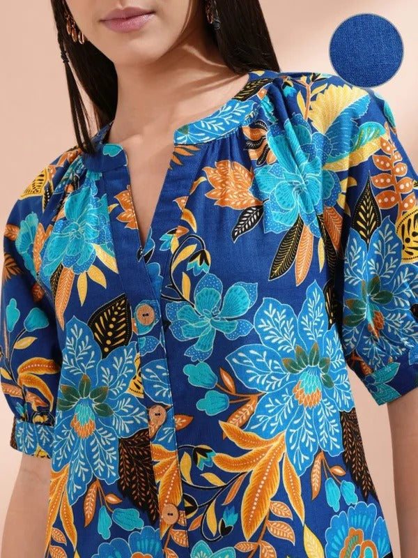 Navy Blue/Blue Printed Tunic with Pants Co-ords