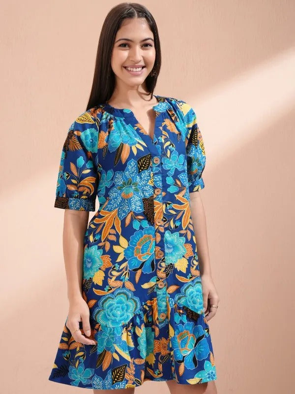 Navy Blue/Blue Printed Tunic with Pants Co-ords