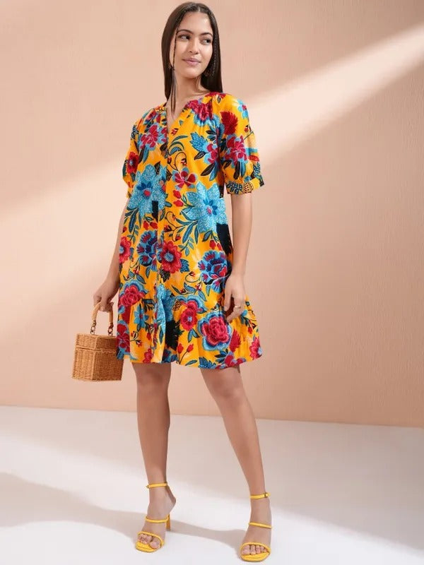 Mustard Printed Tunic with Pants Co-ords
