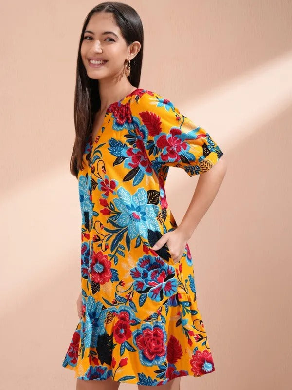 Mustard Printed Tunic with Pants Co-ords