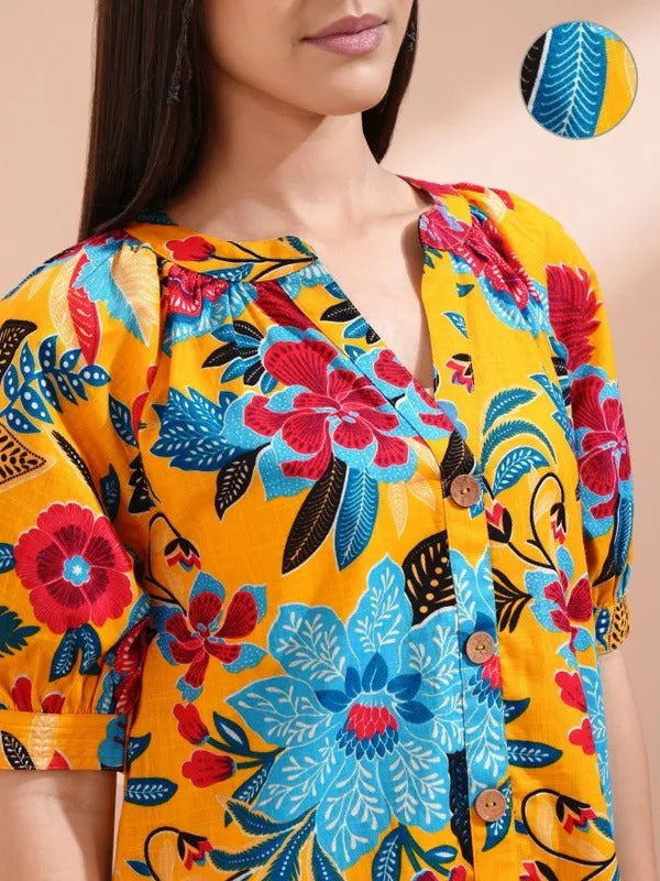 Mustard Printed Tunic with Pants Co-ords