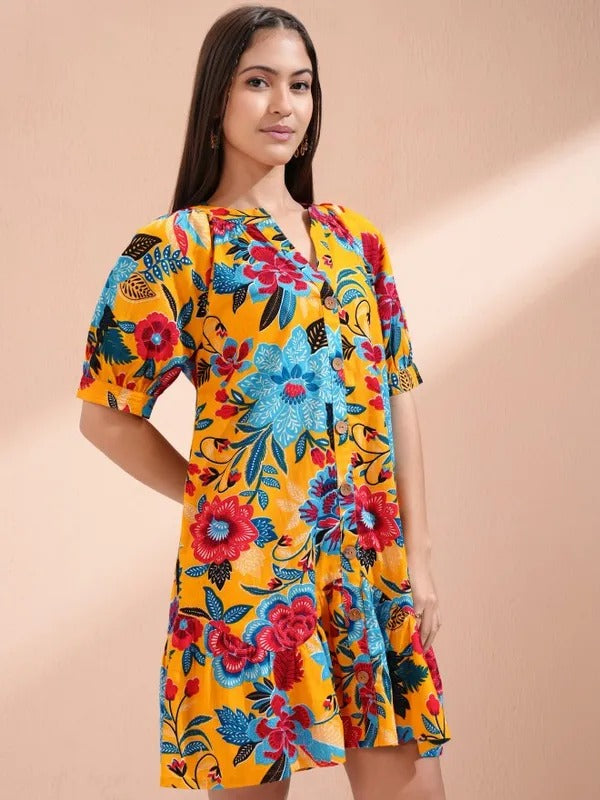 Mustard Printed Tunic with Pants Co-ords