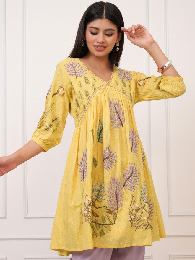 Women Yellow Embroidered Tunic