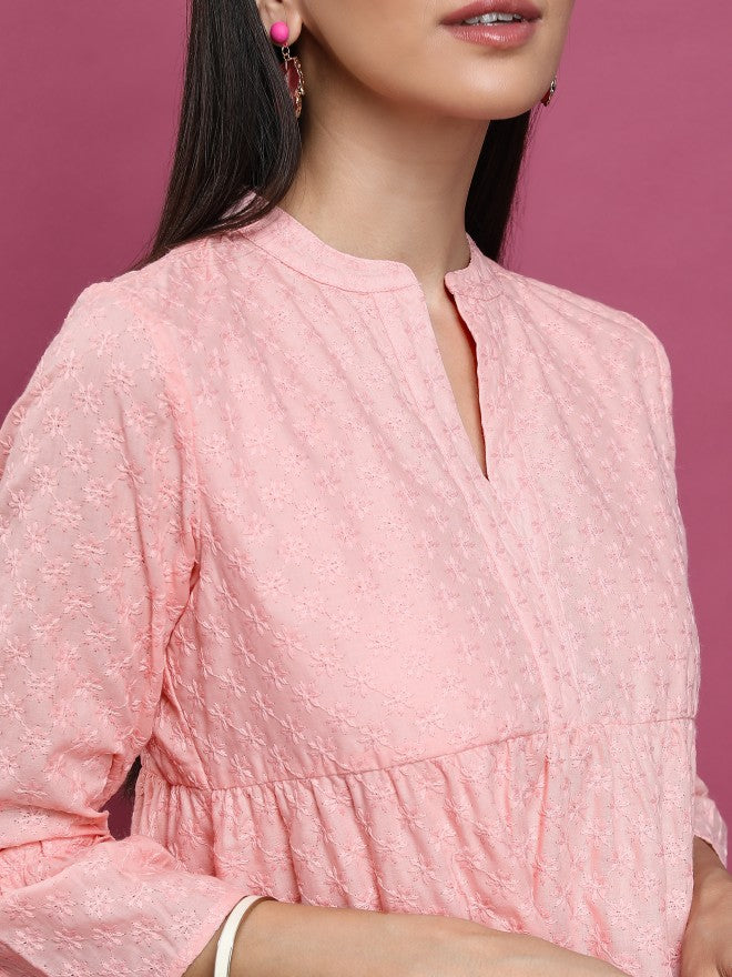 Women Pink Embroidered Fit & Flare Dress