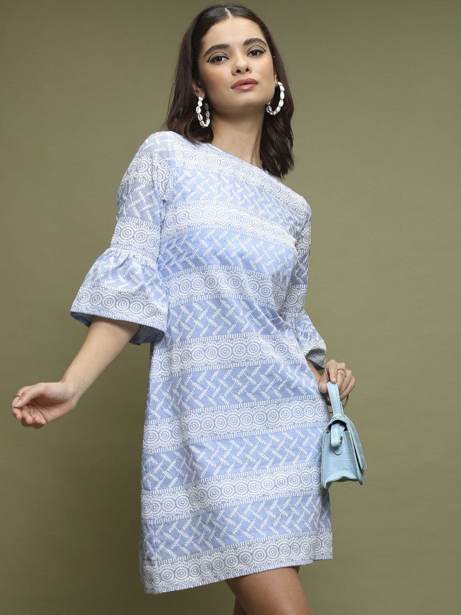 Women Blue Embroidered A-Line Dress Anokhi.mu Women Blue Embroidered A-Line Dress Anokhi.mu