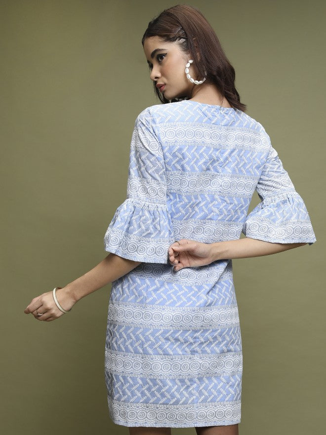 Women Blue Embroidered A-Line Dress