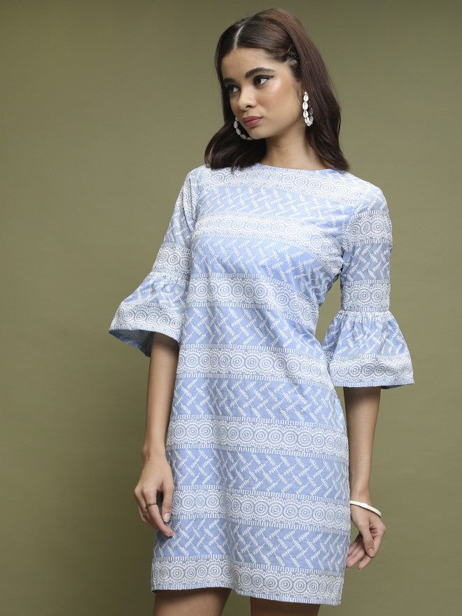 Women Blue Embroidered A-Line Dress