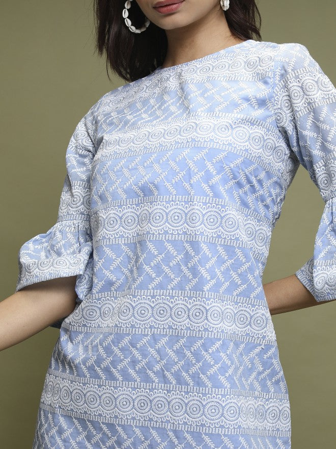 Women Blue Embroidered A-Line Dress